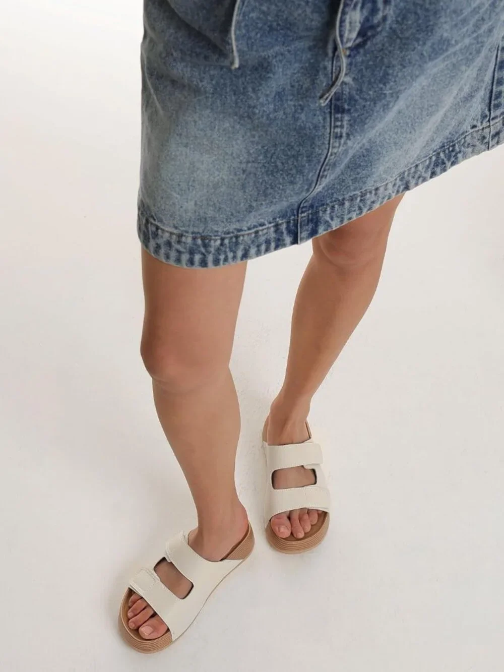 Women's White Leather Genuine Slip on Beach Slide Buckle Platform Sandal Shoes